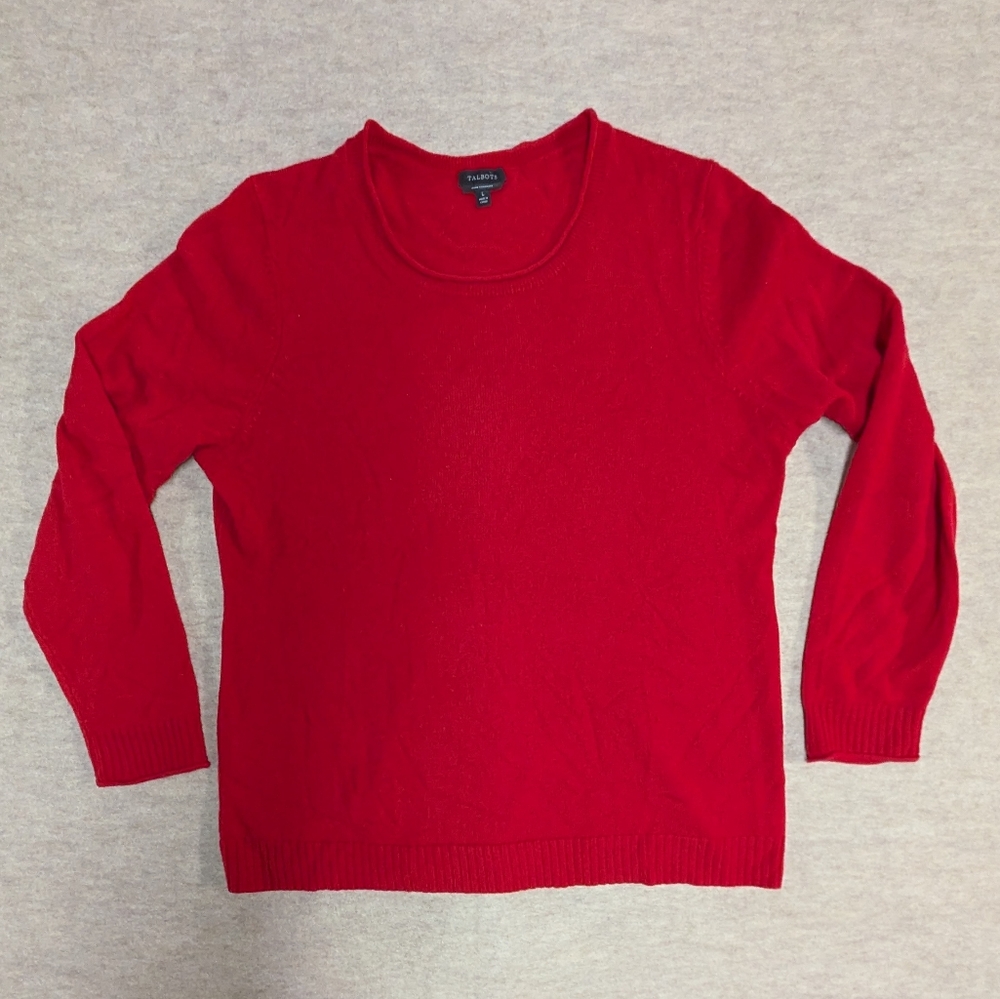 Cashmere Bold Red Women's Pullover Lightweight Sweater Talbots Rolled Hem Large